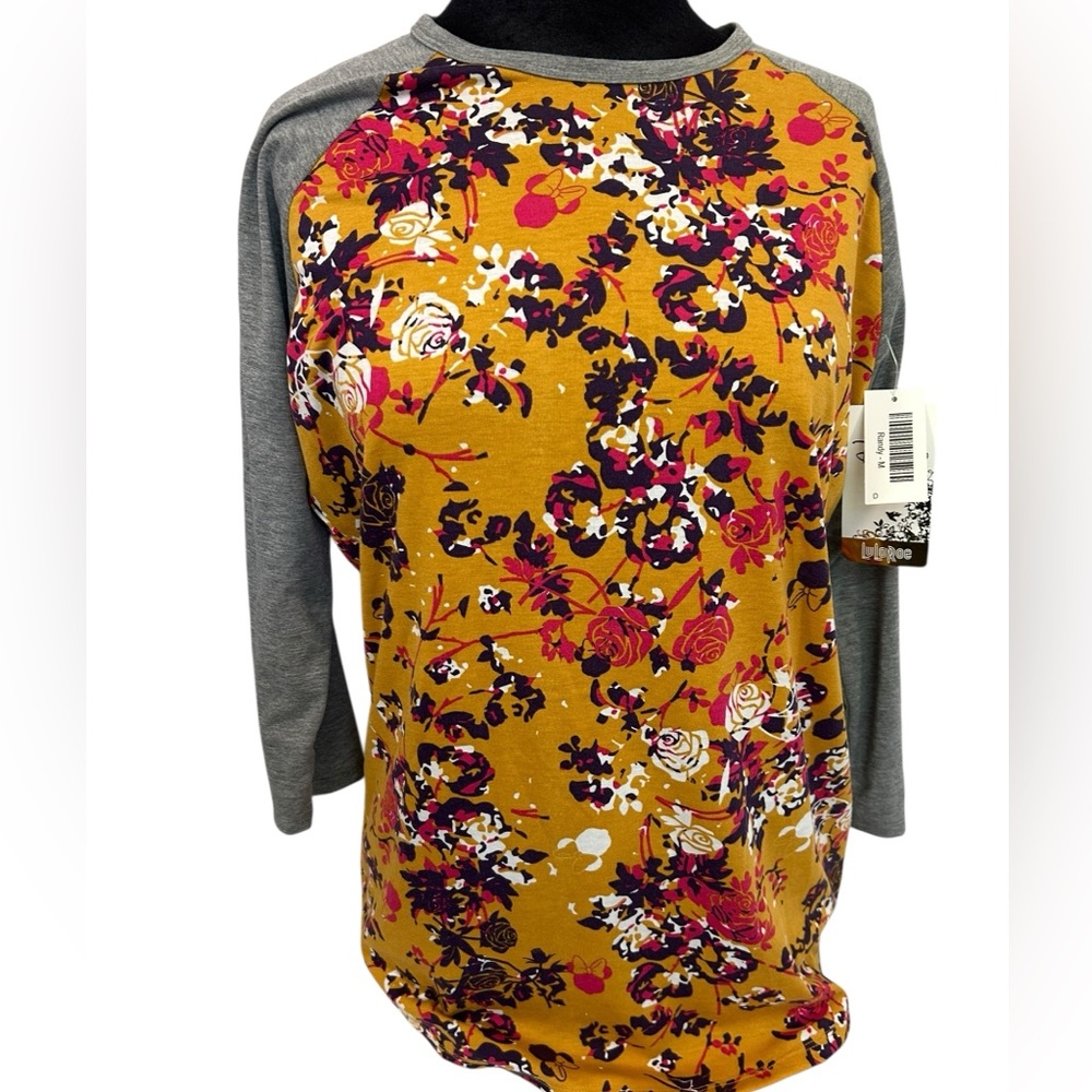 LuLaRoe Disney Size M Baseball Top Minnie Floral Gold Purple Gray New 10-12
